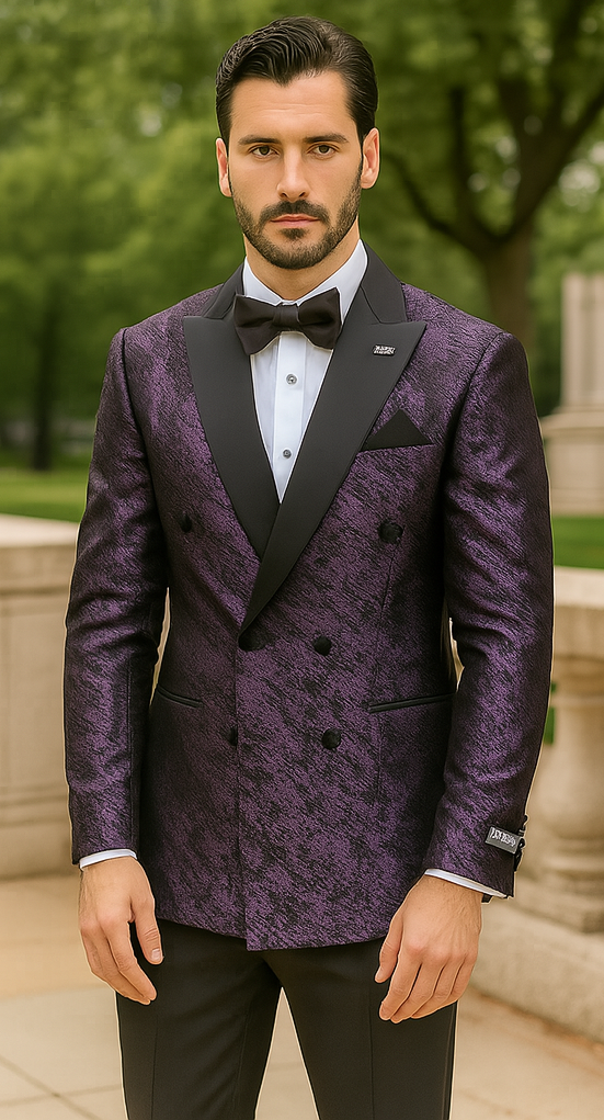 Purple Double Breasted Rough Streak Pattern Satin Peak Lapel Stacy Adams Men's Jacket - 34 Short or Extra Small