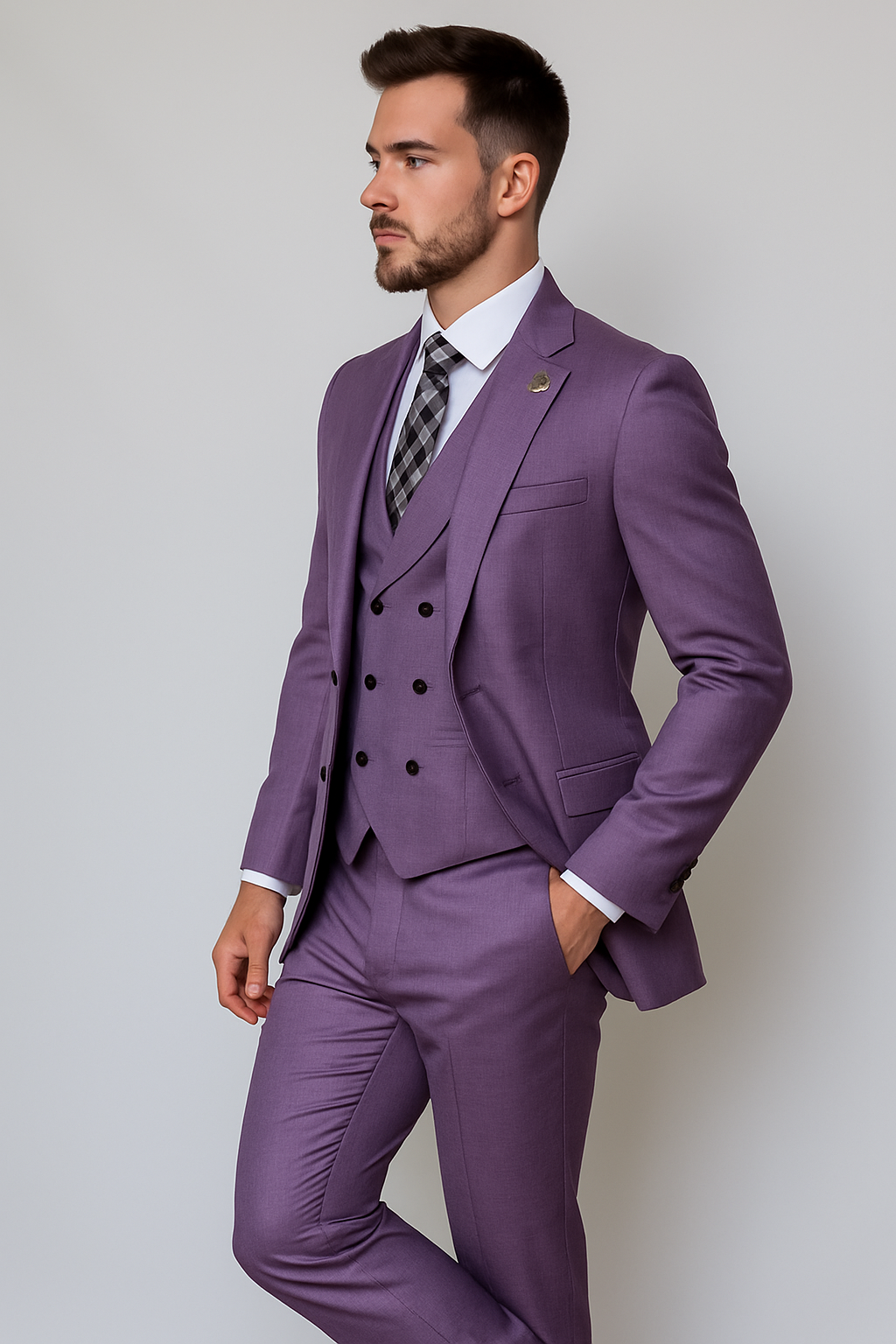 Giovanni Testi Suits With Double Breasted Vest - 3 Pieces Peak Lapel in Purple - 34 Short
