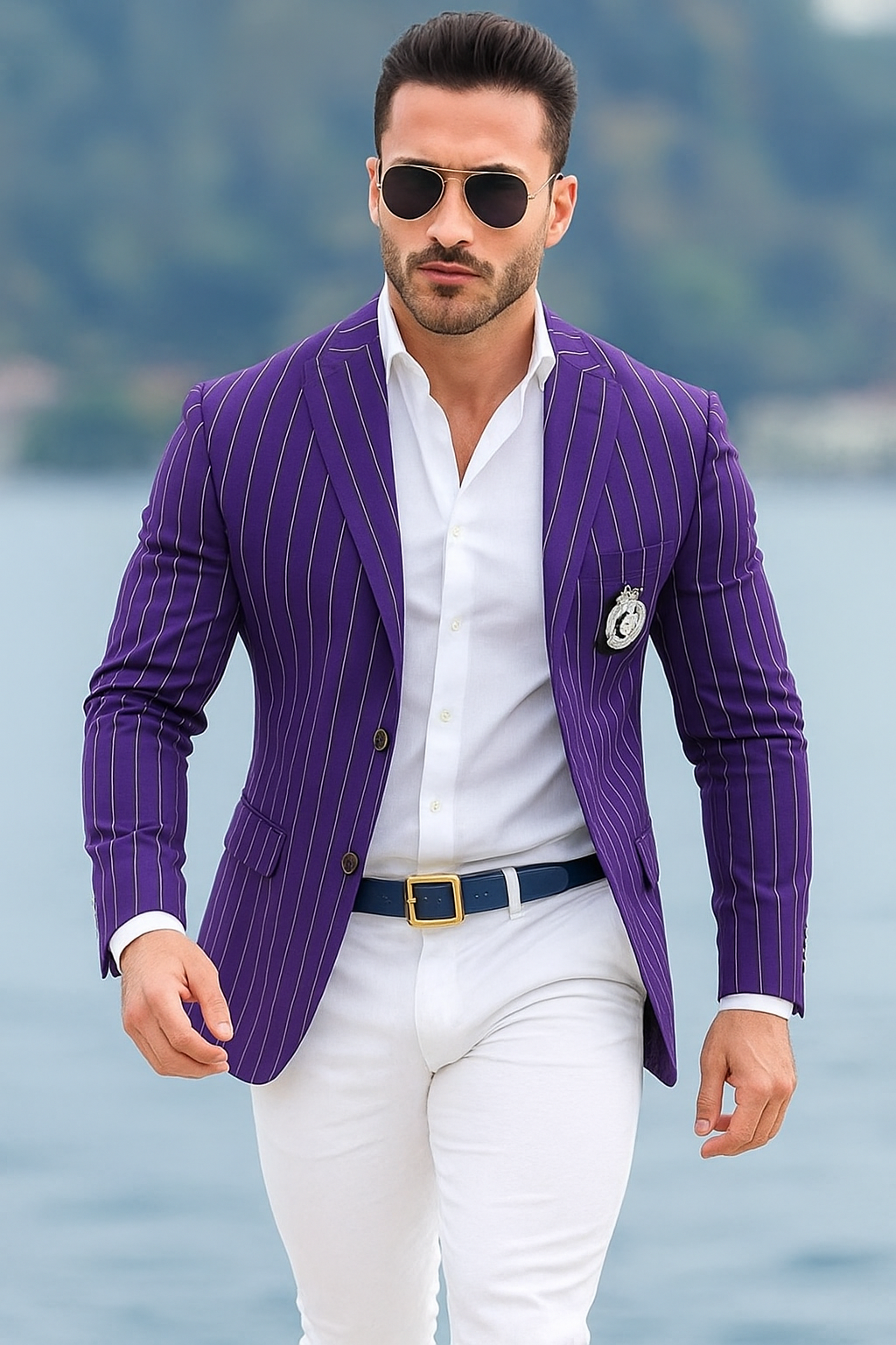 Purple Pinstripe Blazer With White Pants - Suit - Party Blazer - New Arrival - 36 Short