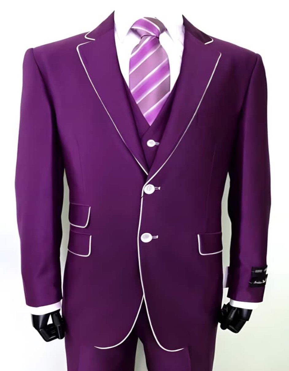 Mens 2 Button Purple Suit and White Trim Suit - 42 Long + 36 Waist(Adjust 2" Large and amp 4")