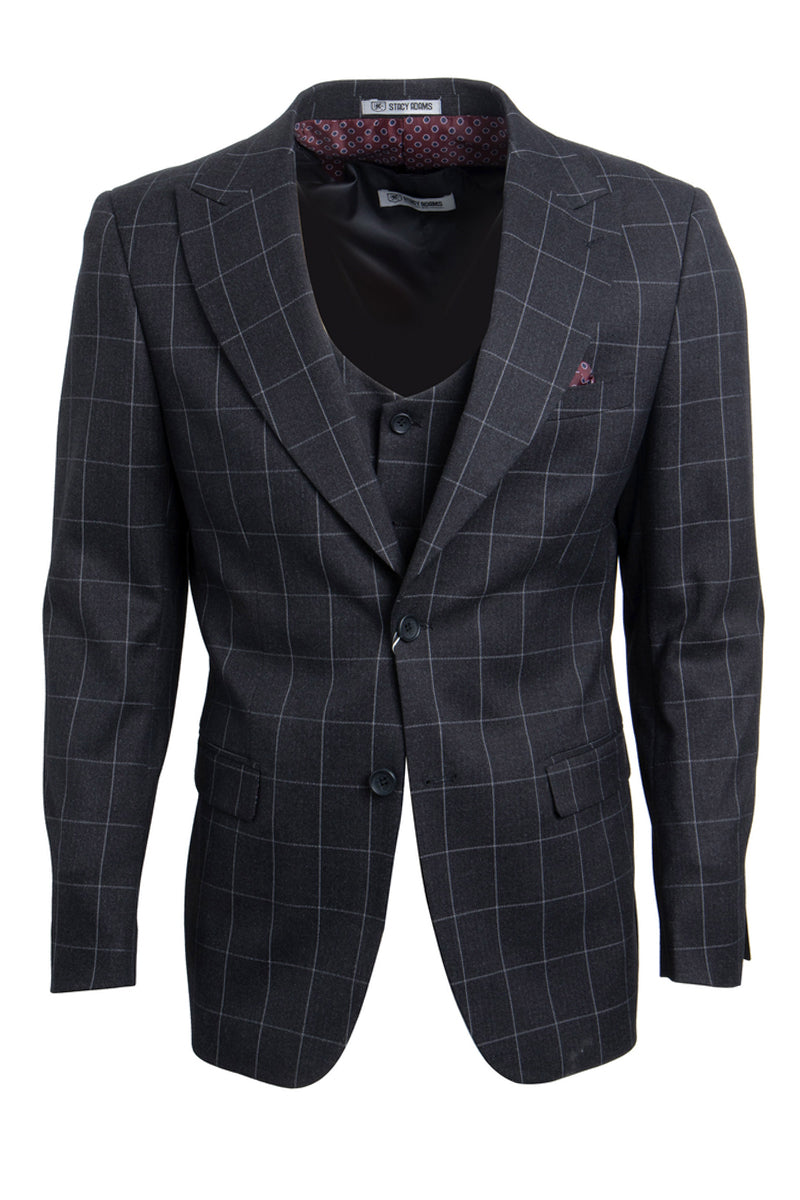 "Mens Stacy Adams Suit - Stacy Adams Suit Men's Charcoal Grey Windowpane Plaid Suit - Two Button Vested Peak Lapel" - 34 Short