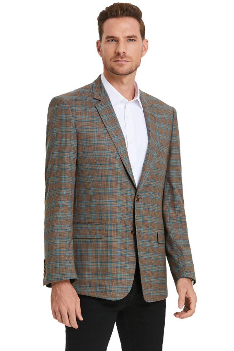 "Double Windowpane Men's Sport Coat - Business Casual Two Button in Dark Camel Bronze & Teal"