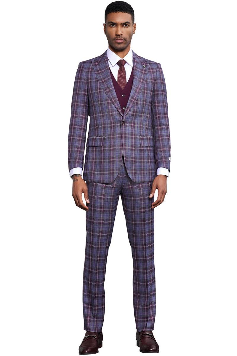 Men's Stacy Adams Bold Windowpane Plaid Print Vested Suit in Lavender & Purple - 38 Regular