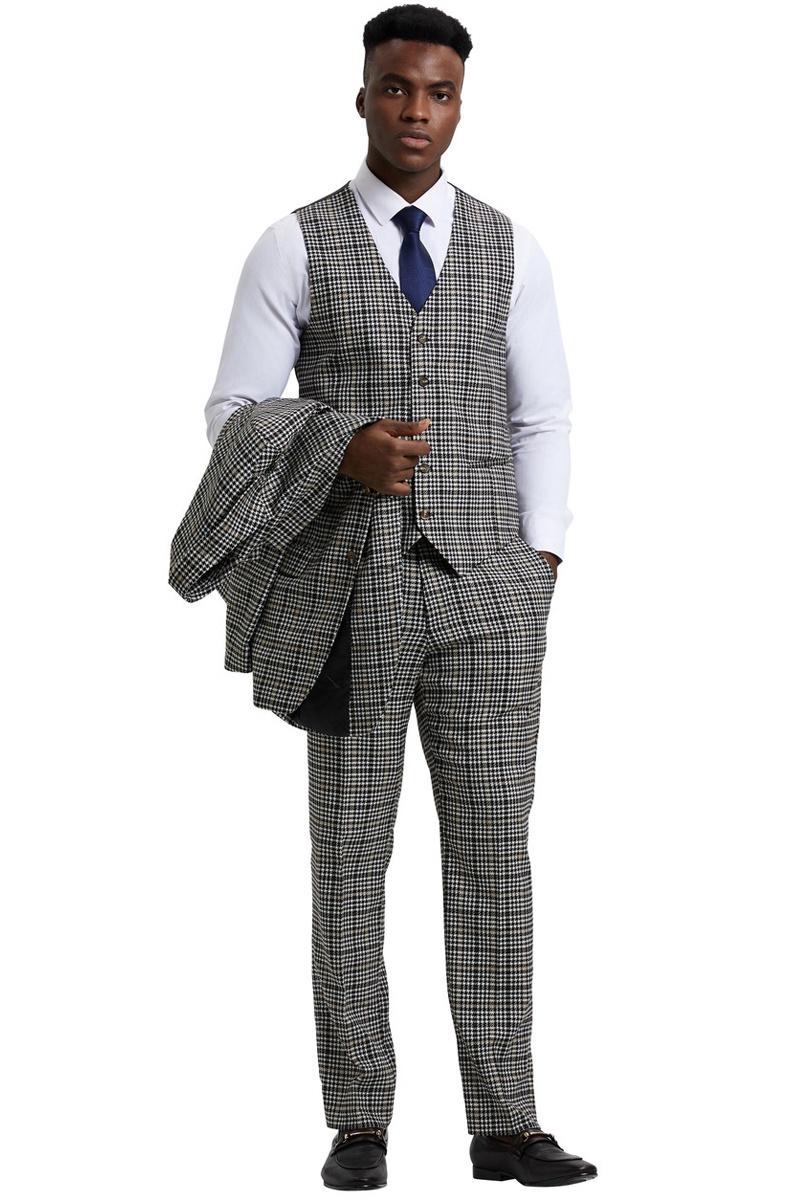 Men's Stacy Adams Vested Modern Fit Houndstooth Glen Plaid Suit in Grey & Green - 38 Regular