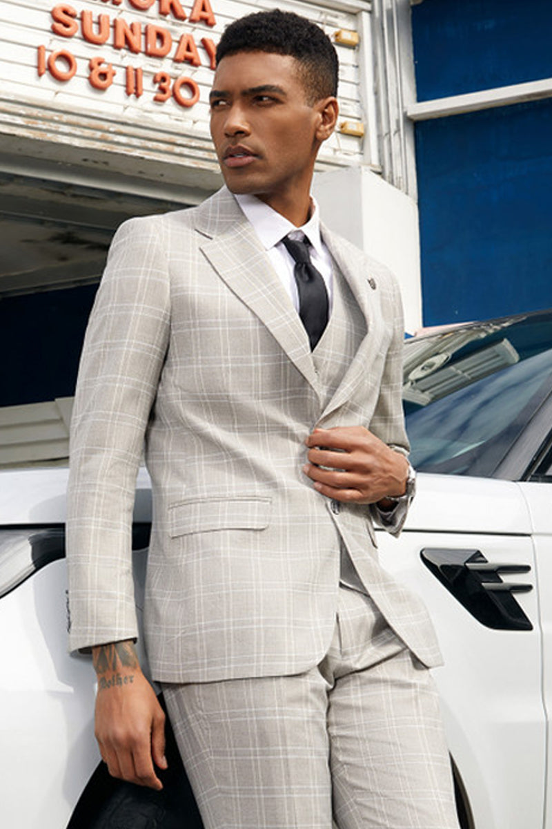 "Mens Stacy Adams Suit -Stacy Adams Suit Men's Light Grey Plaid Vested Business Suit - Two Button" - 34 Short