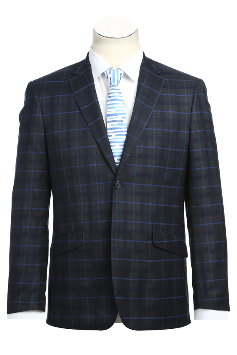 "Dark Blue Slim Fit Men's Suit - Two Button, Wide Windowpane Plaid"