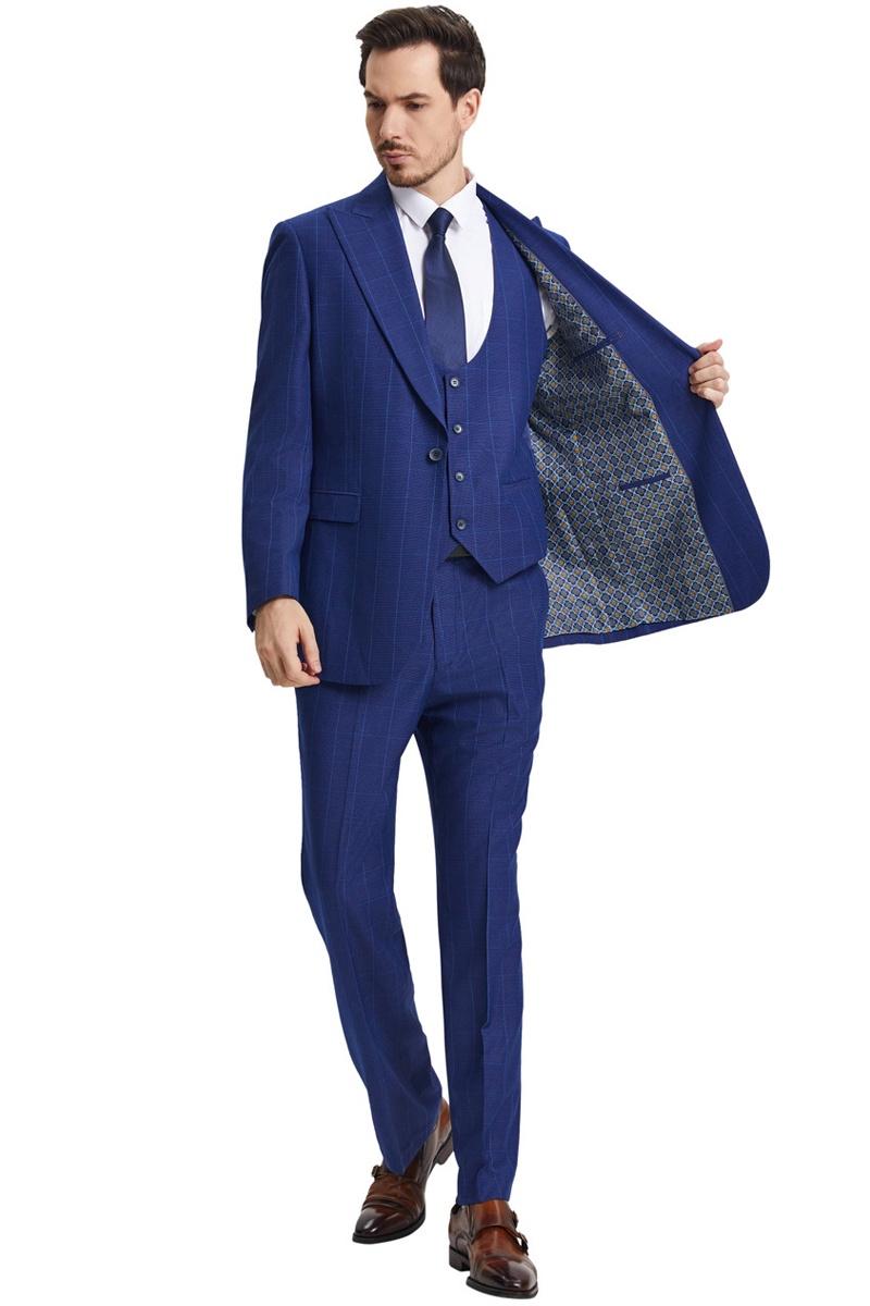 Men's Stacy Adams Peak Lapel Blue Windowpane Plaid Suit with a Scoop Neck Vest - 38 Regular
