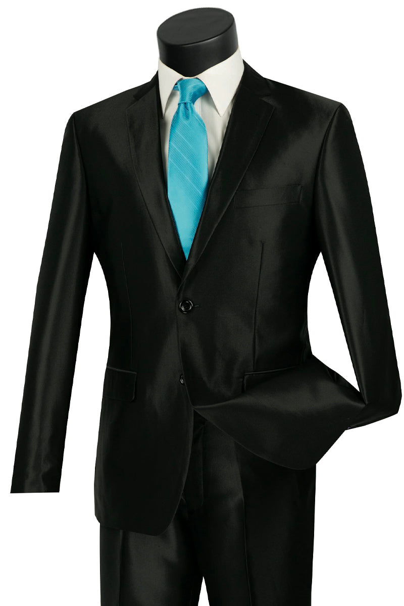 Mens 2 Button Slim Fit Shiny Sharkskin Suit in Black - 36 Short