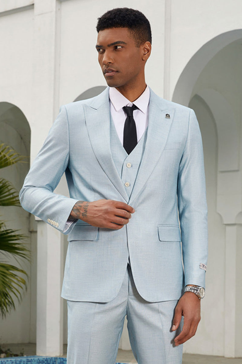 "Stacy Adams Men's Grey Blue Summer Suit with Peak Lapel Vest"
