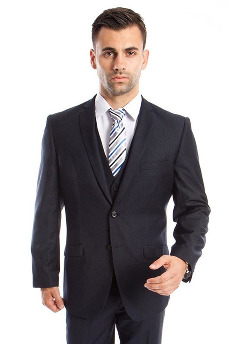"Navy Blue Slim Fit Men's Wedding Suit - Two Button Basic Vested" - 34 Short