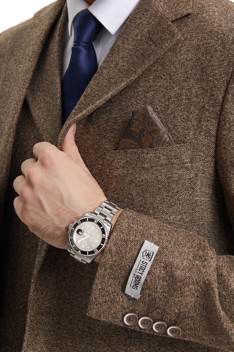 Men's Stacy Adams Vested Vintage Herringbone Tweed Suit in Light Brown - 38 Regular