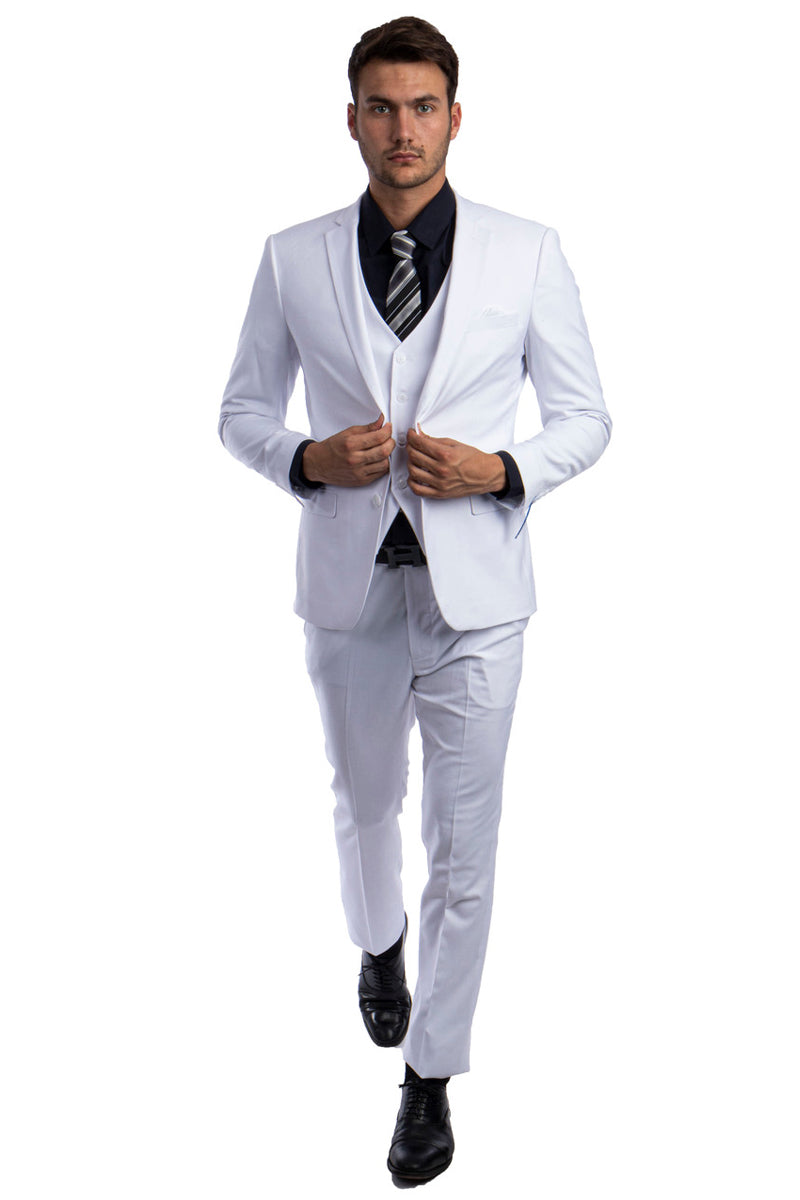 White Slim Fit Men's Suit - Two Button Vested Solid Basic Color