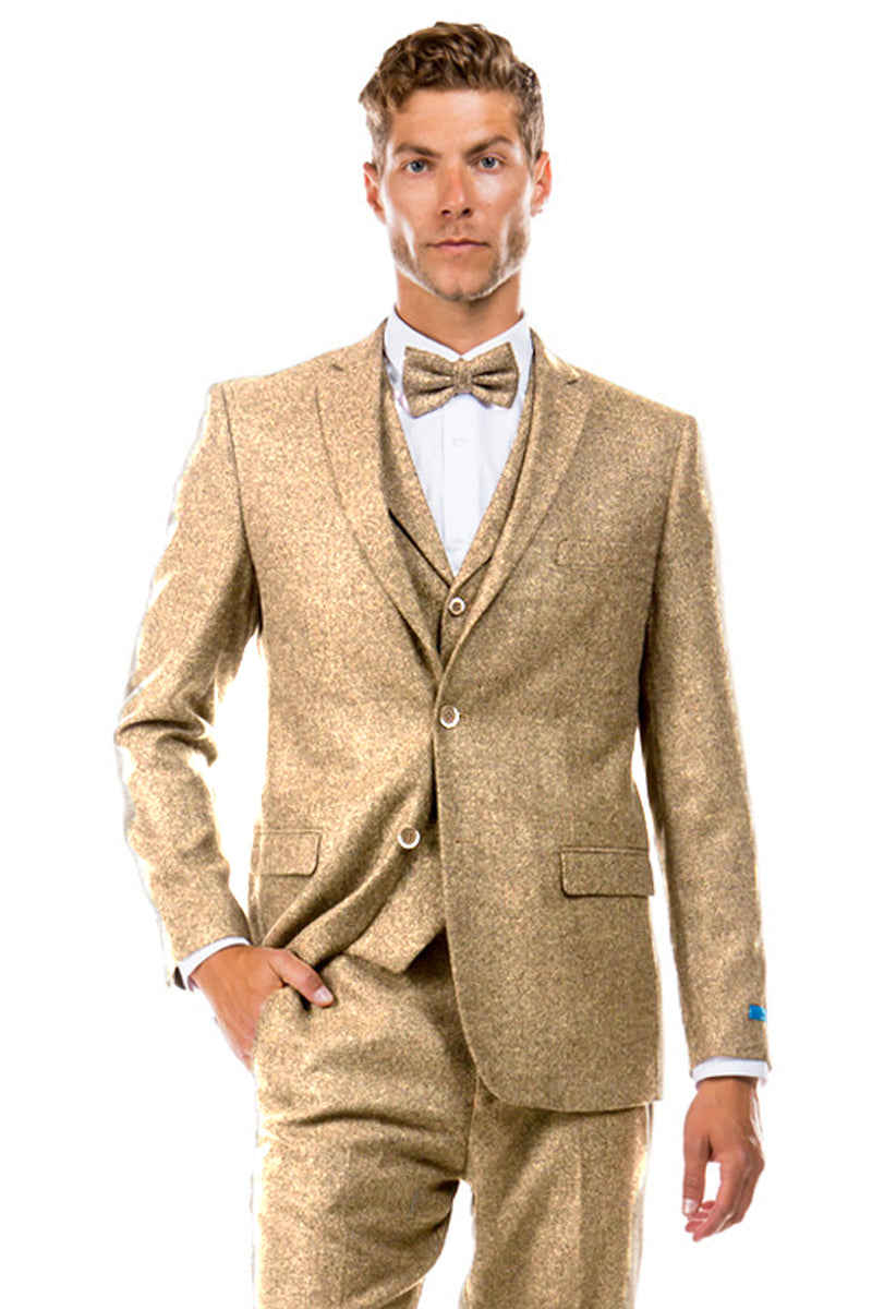 Mens One Button Peak Lapel Vested Wedding Suit with Gold Buttons in White, White / 36 Regular