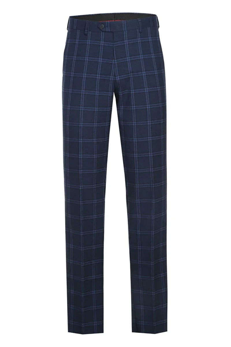 "Dark Navy Slim Fit Men's Suit - Two Button Stretch, Wide Windowpane Plaid"