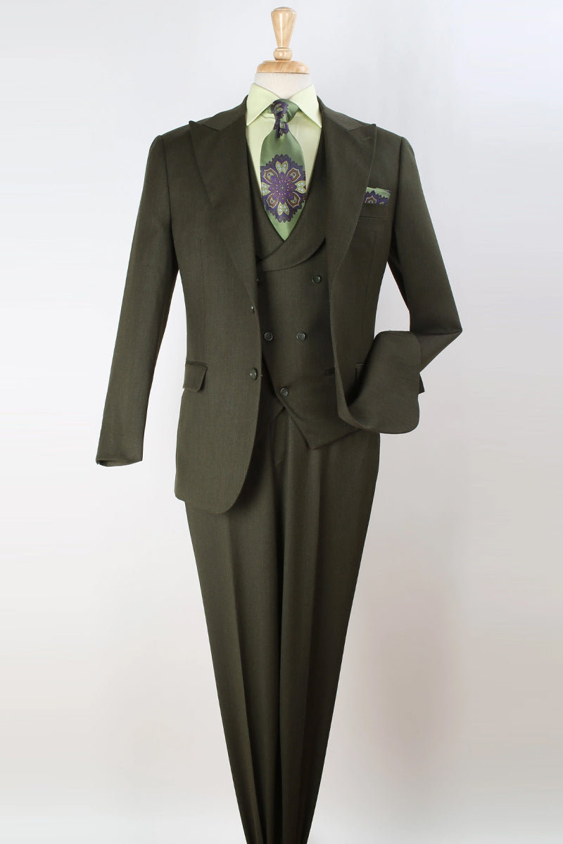 "Olive Green Wool Suit: Men's Double Breasted Vest with Wide Peak Lapel"