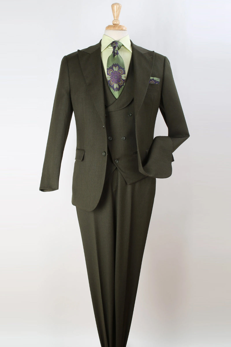 "Olive Green Wool Suit: Men's Double Breasted Vest with Wide Peak Lapel" - 38 Regular