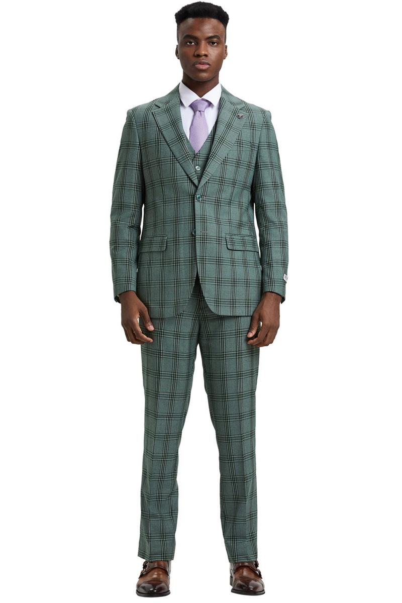 Men's Stacy Adams Two Button Vested Glen Plaid Check Suit in Light Olive Green - 38 Regular