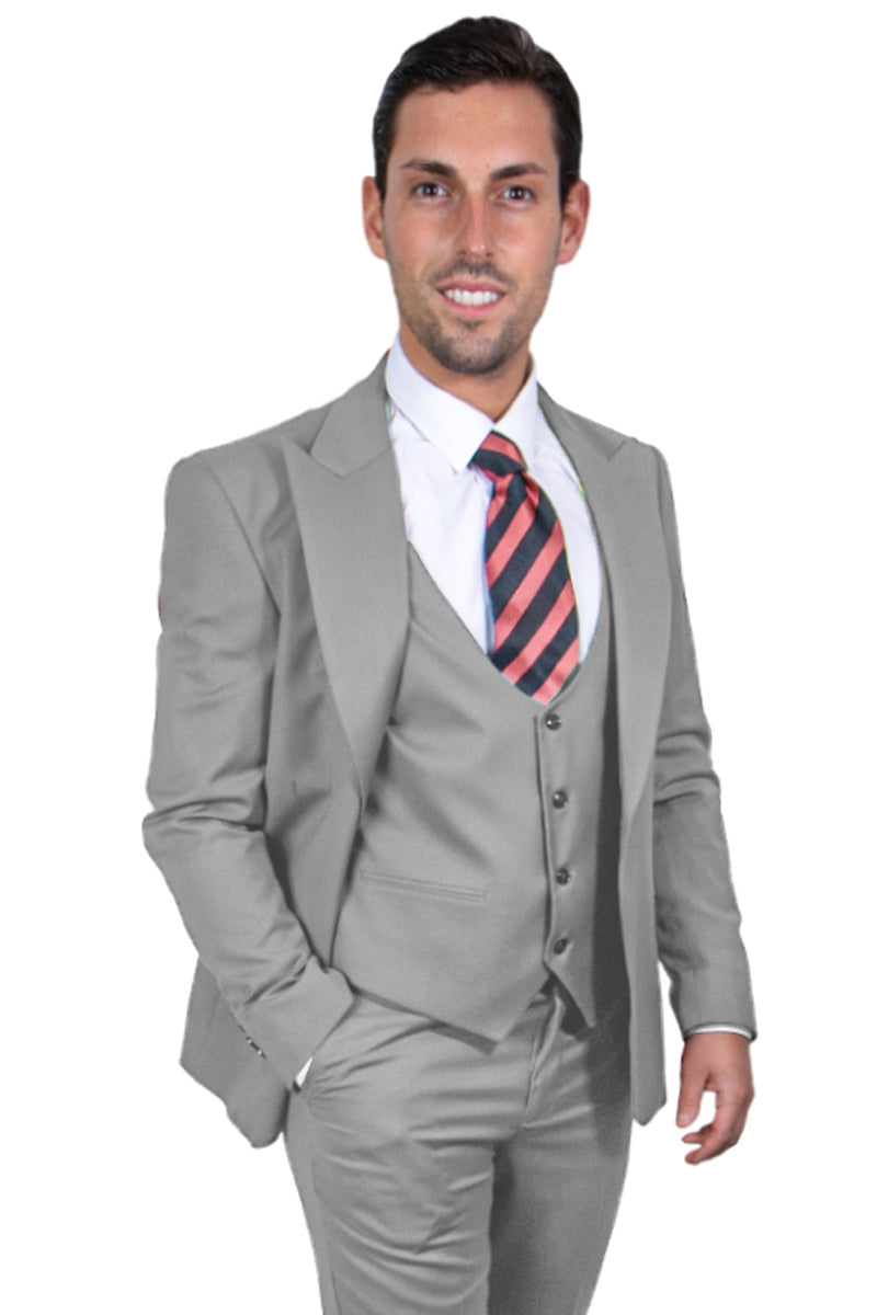"Mens Stacy Adams Suit - Stacy Adams Suit Men's Light Grey Vested One Button Peak Lapel Suit" - 34 Regular