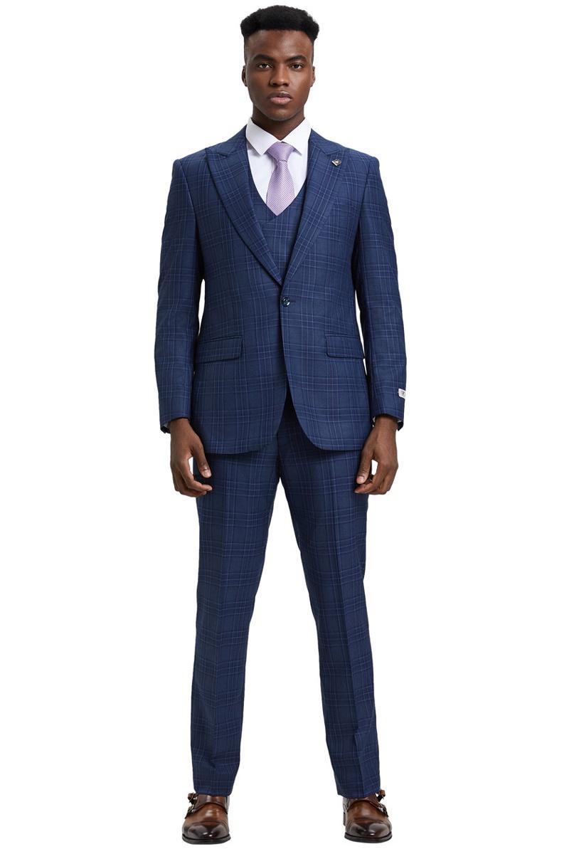 Men's Stacy Adams One Button Peak Lapel Double Breasted Vest Suit in Blue & Purple Plaid - 38 Regular