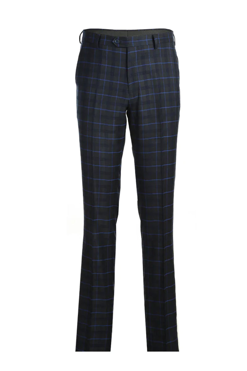 "Dark Blue Slim Fit Men's Suit - Two Button, Wide Windowpane Plaid"