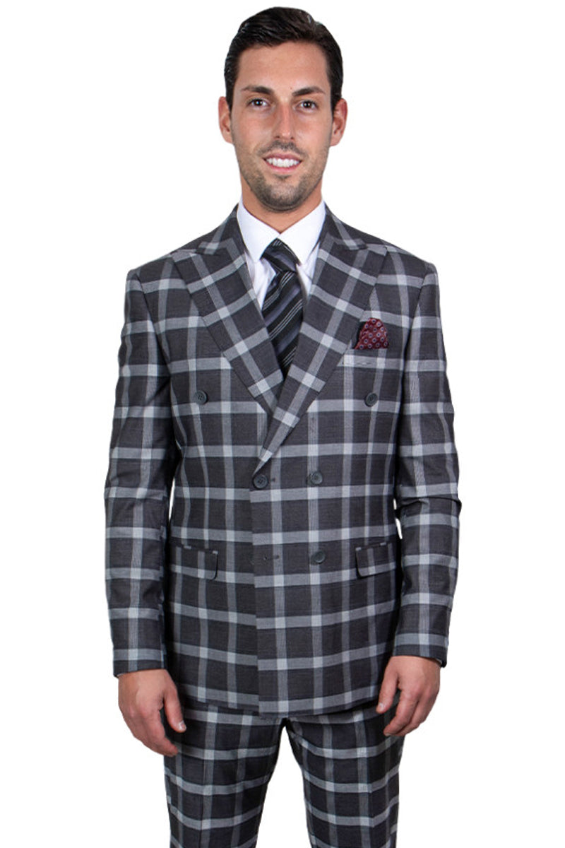 Stacy Adams Men's Double Breasted Suit - Black & Grey Windowpane Plaid