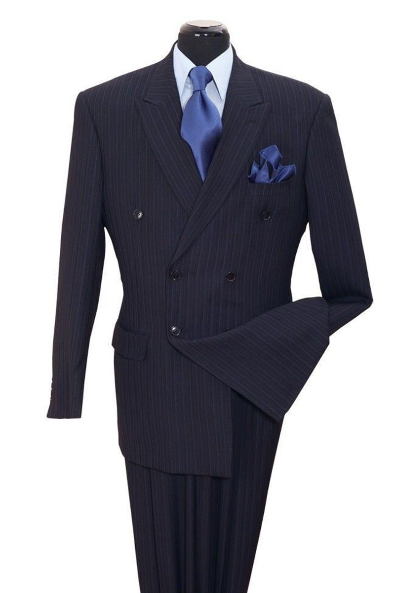 Men’s Double Breasted Navy Blue Pinstripe Blazer – Stripe Sport Coat Jacket