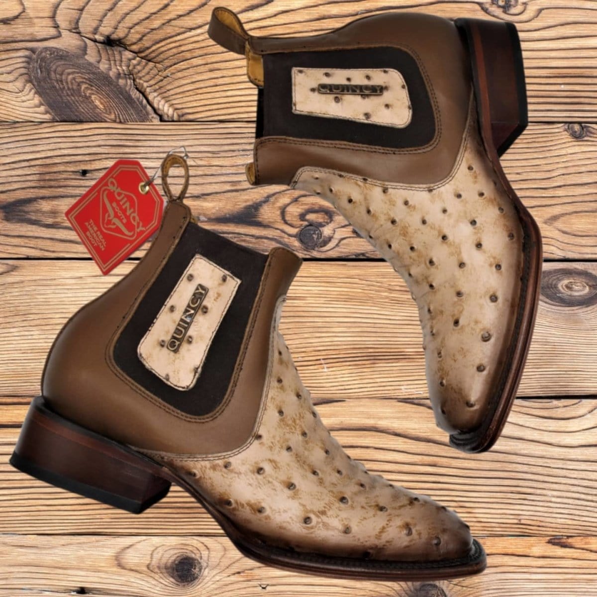 Men's Quincy Ostrich Print Leather Square Toe Ankle Boots - 6