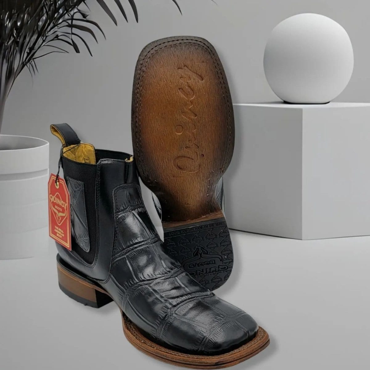 Men's Caiman Belly Print Leather Square Toe Ankle Boots - 6