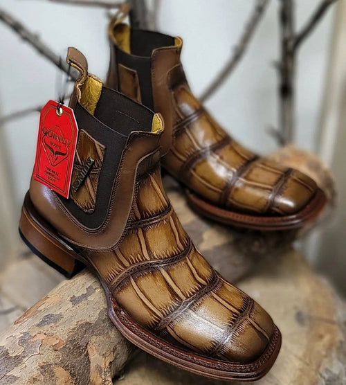 Men's Quincy Alligator Print Square Toe Ankle Boots - Tobacco