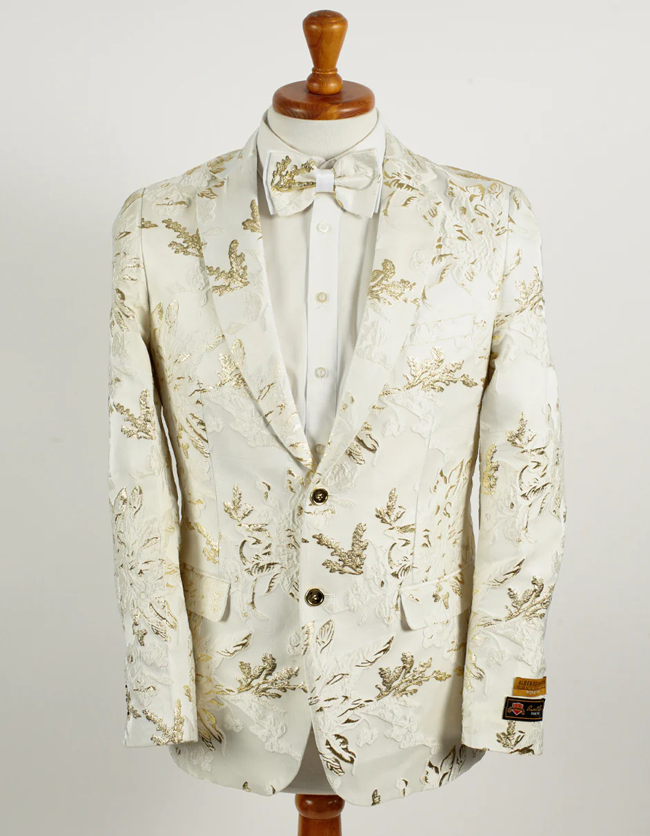 Best Mens 2 Button White with Gold Foil Floral Paisley Prom 2025 and Wedding Blazer - For Men Fashion Perfect For Wedding or Prom 2025 or Business or Church - XS
