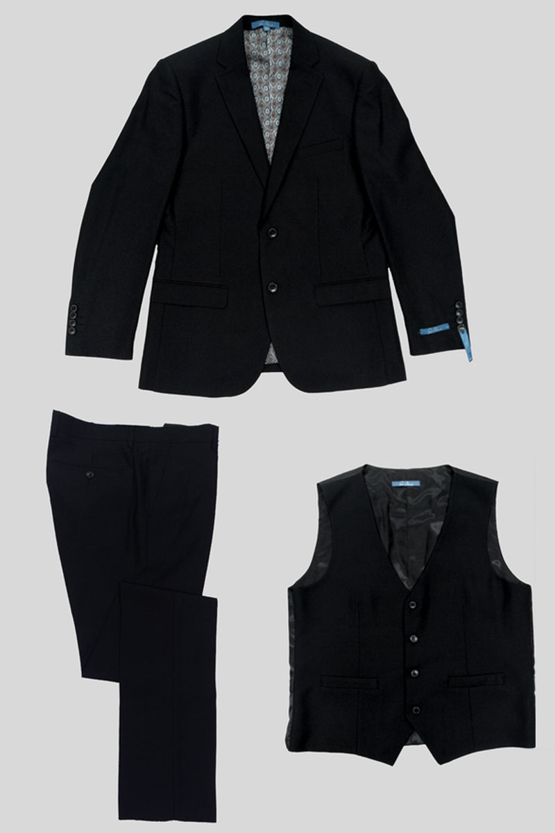 "Black Birdseye Pattern Slim Fit Men's Two Button Vested Suit" - 34 Short