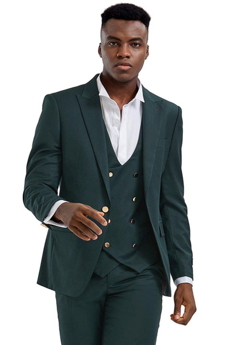 "Men's Hunter Green Vested Suit with Gold Buttons - One Button Peak Lapel"