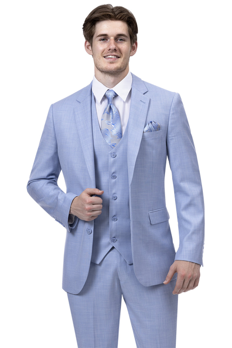 "Sky Blue Sharkskin Business Suit - Modern Fit Two Button Vested for Men"