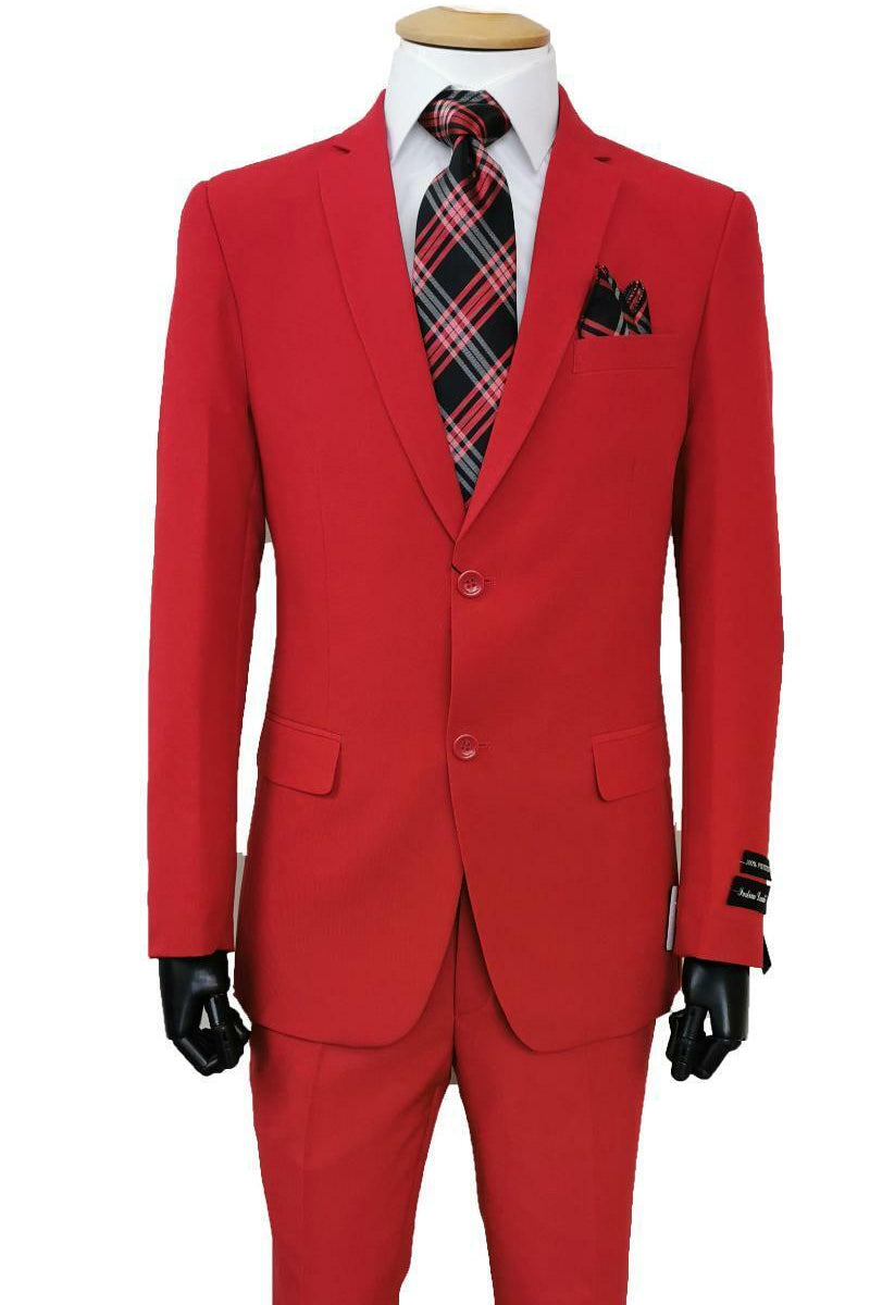 "Red Slim Fit Poplin Basic Suit for Men - 2 Button Style" - 36 Regular