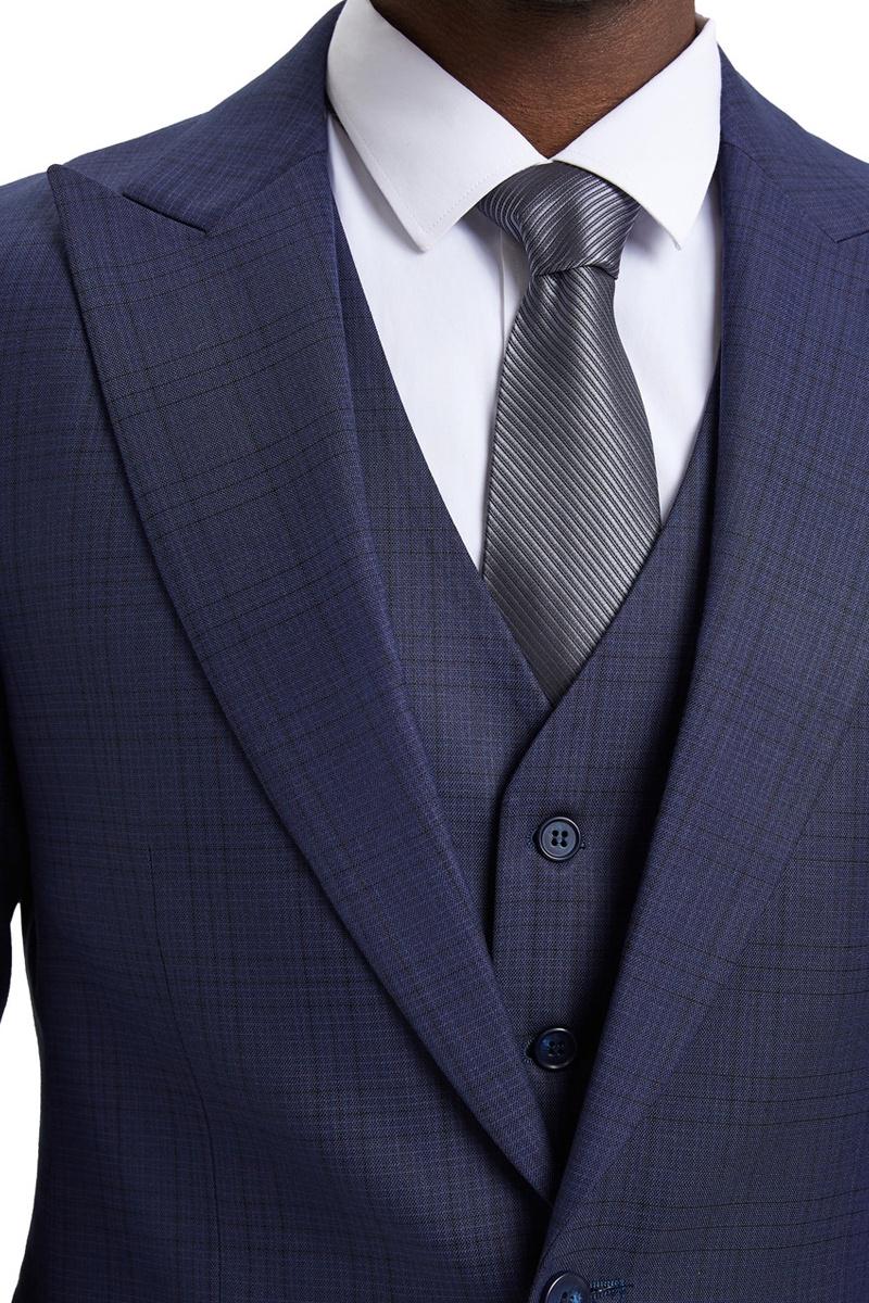 Men's Stacy Adams Vested One Button Wide Peak Lapel Windowpane Plaid Suit in Eggplant Purple - 38 Regular