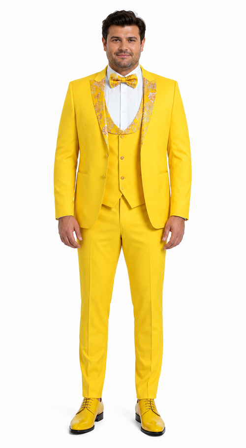 Radiant Golden Bloom Mens 3-Piece Suit with Floral Peak Lapel