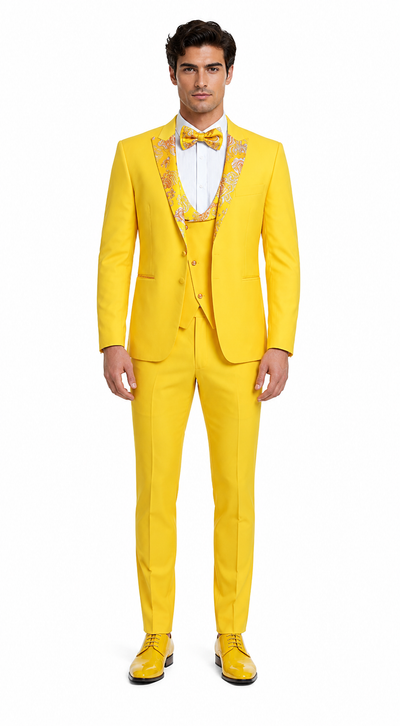 Radiant Golden Bloom Mens 3-Piece Suit with Floral Peak Lapel