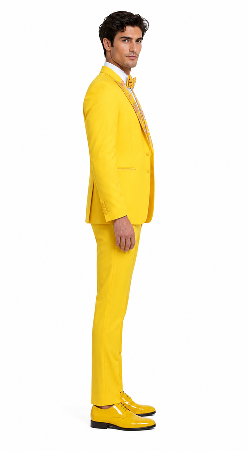Radiant Golden Bloom Mens 3-Piece Suit with Floral Peak Lapel