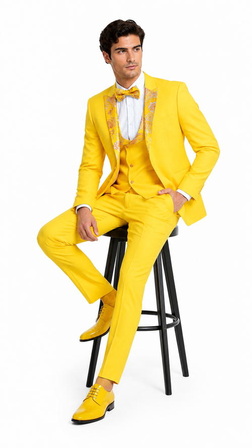 Radiant Golden Bloom Mens 3-Piece Suit with Floral Peak Lapel