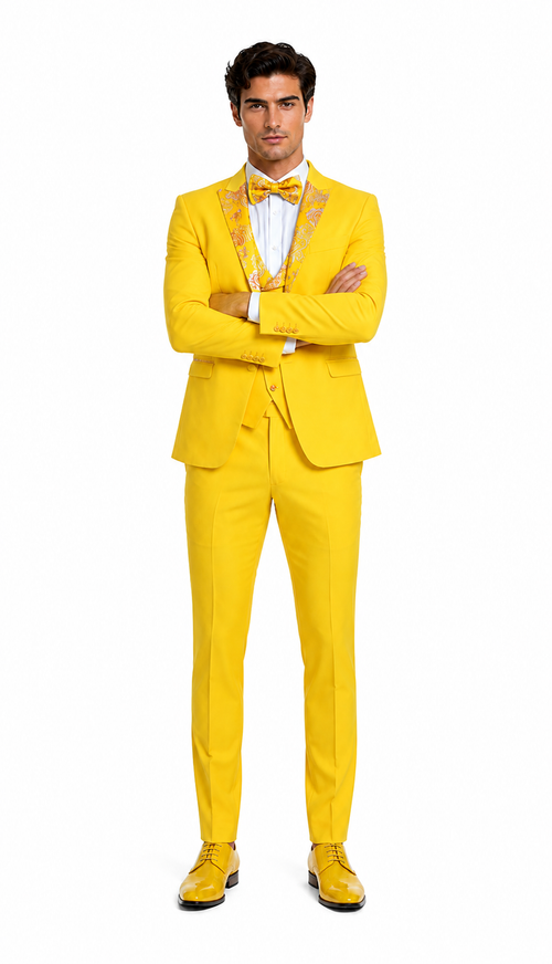 Radiant Golden Bloom Mens 3-Piece Suit with Floral Peak Lapel