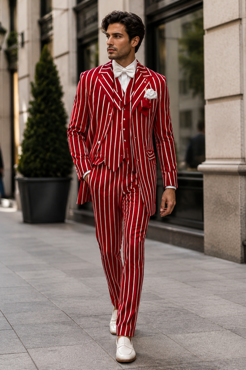 Red and White Pinstripe Zoot Suit - Gangster 1920s Pinstripe Suit - Mens Fashion Suit