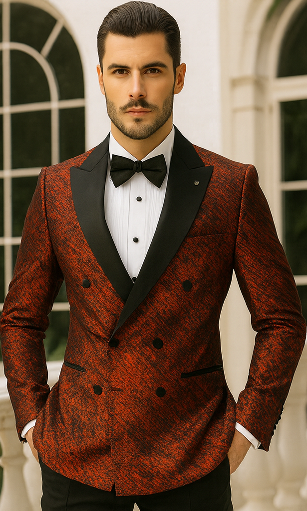 Red Double Breasted Rough Streak Pattern Satin Peak Lapel Stacy Adams Men's Jacket - 34 Short or Extra Small