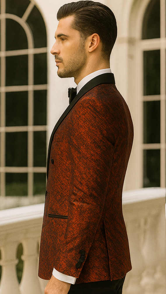 Red Double Breasted Rough Streak Pattern Satin Peak Lapel Stacy Adams Men's Jacket - 34 Short or Extra Small