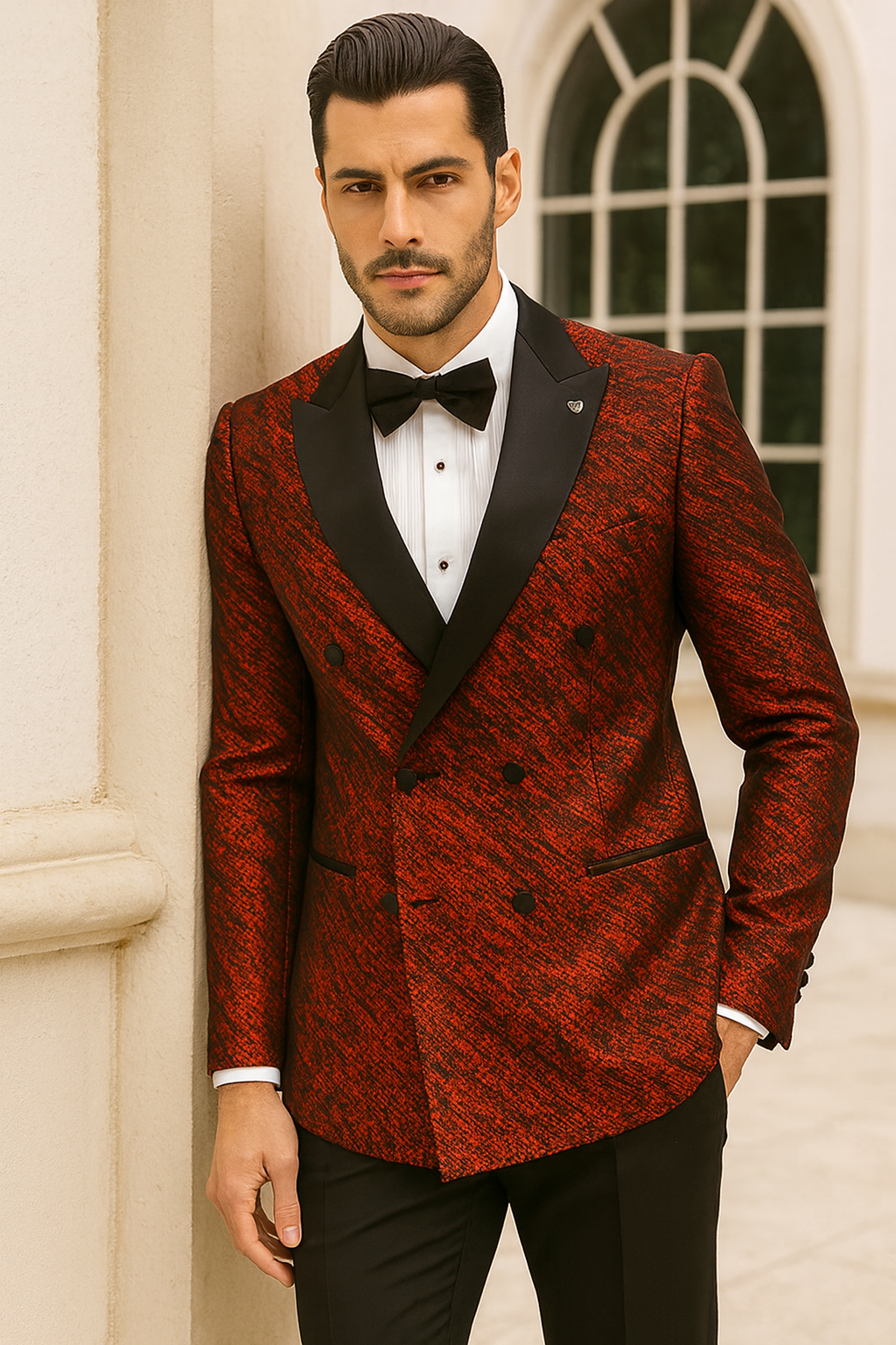 Red Double Breasted Rough Streak Pattern Satin Peak Lapel Stacy Adams Men's Jacket - 34 Short or Extra Small