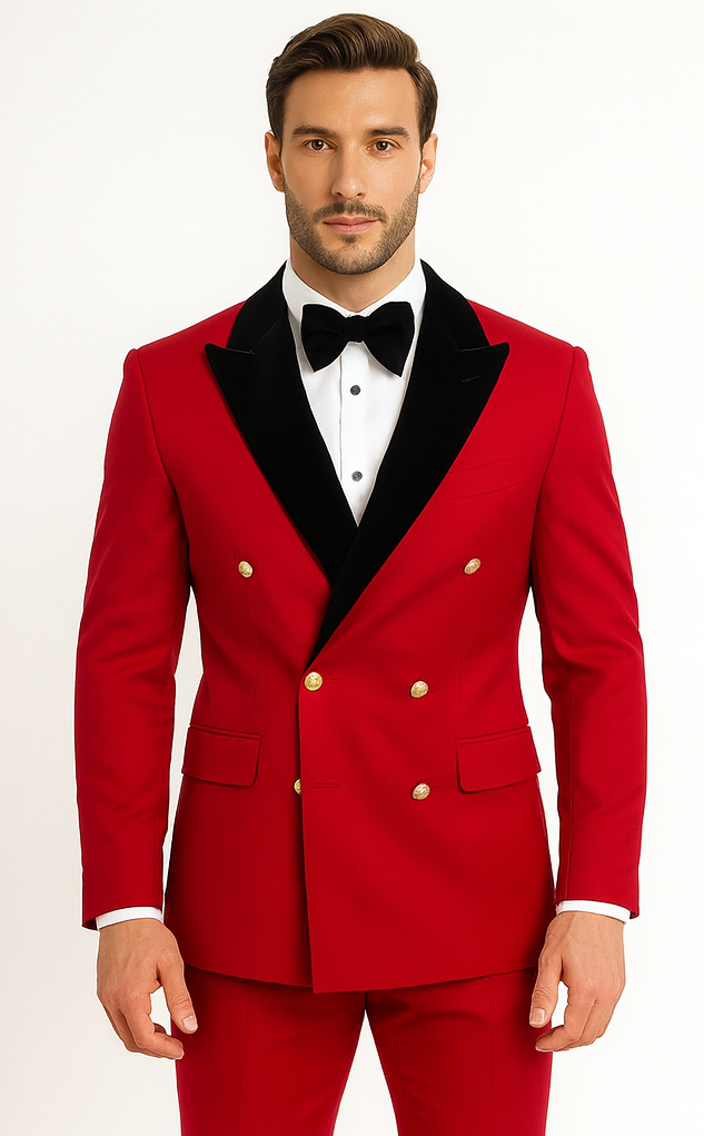 Red Double Breasted Tuxedo with Velvet Peak Lapel - Wedding - Prom 2025