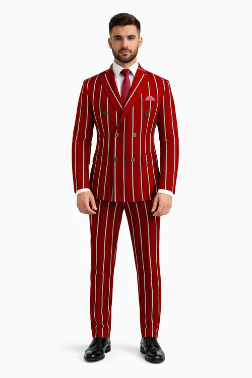 Burgundy Pinstripe Suit - Mens 1920s Gangster Pinstripe Suit - Lapel Chalk Pinstripe Red