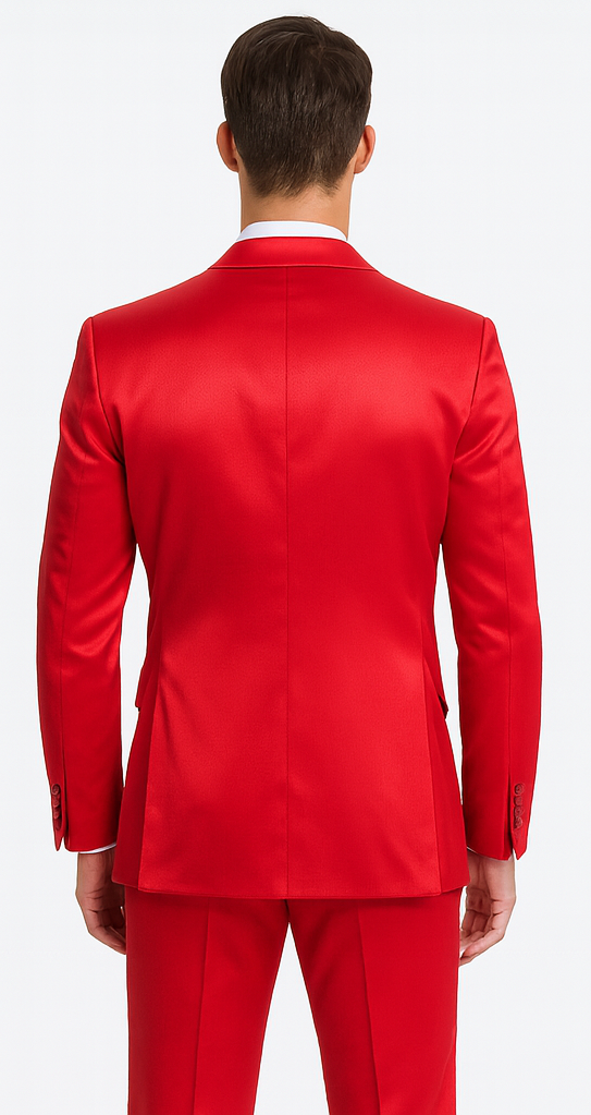 Stylish Red Satin 3 Piece Slim Fit Tazzio Men's Suit with Peak Lapel Jacket – Premium Formalwear - 34 Short or Extra Small