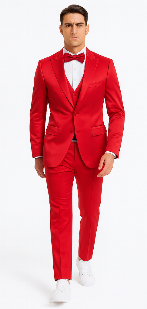 Stylish Red Satin 3 Piece Slim Fit Tazzio Men's Suit with Peak Lapel Jacket – Premium Formalwear - 34 Short or Extra Small