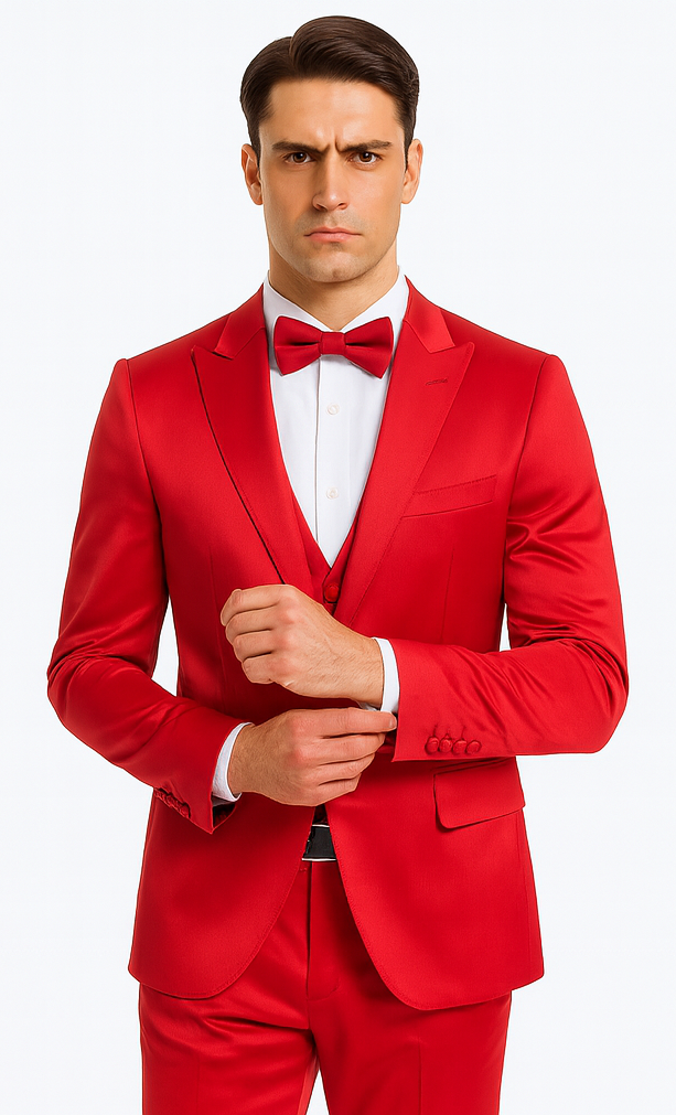 Stylish Red Satin 3 Piece Slim Fit Tazzio Men's Suit with Peak Lapel Jacket – Premium Formalwear - 34 Short or Extra Small