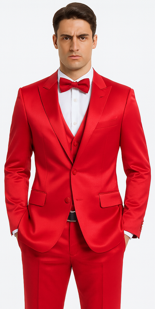 Stylish Red Satin 3 Piece Slim Fit Tazzio Men's Suit with Peak Lapel Jacket – Premium Formalwear - 34 Short or Extra Small